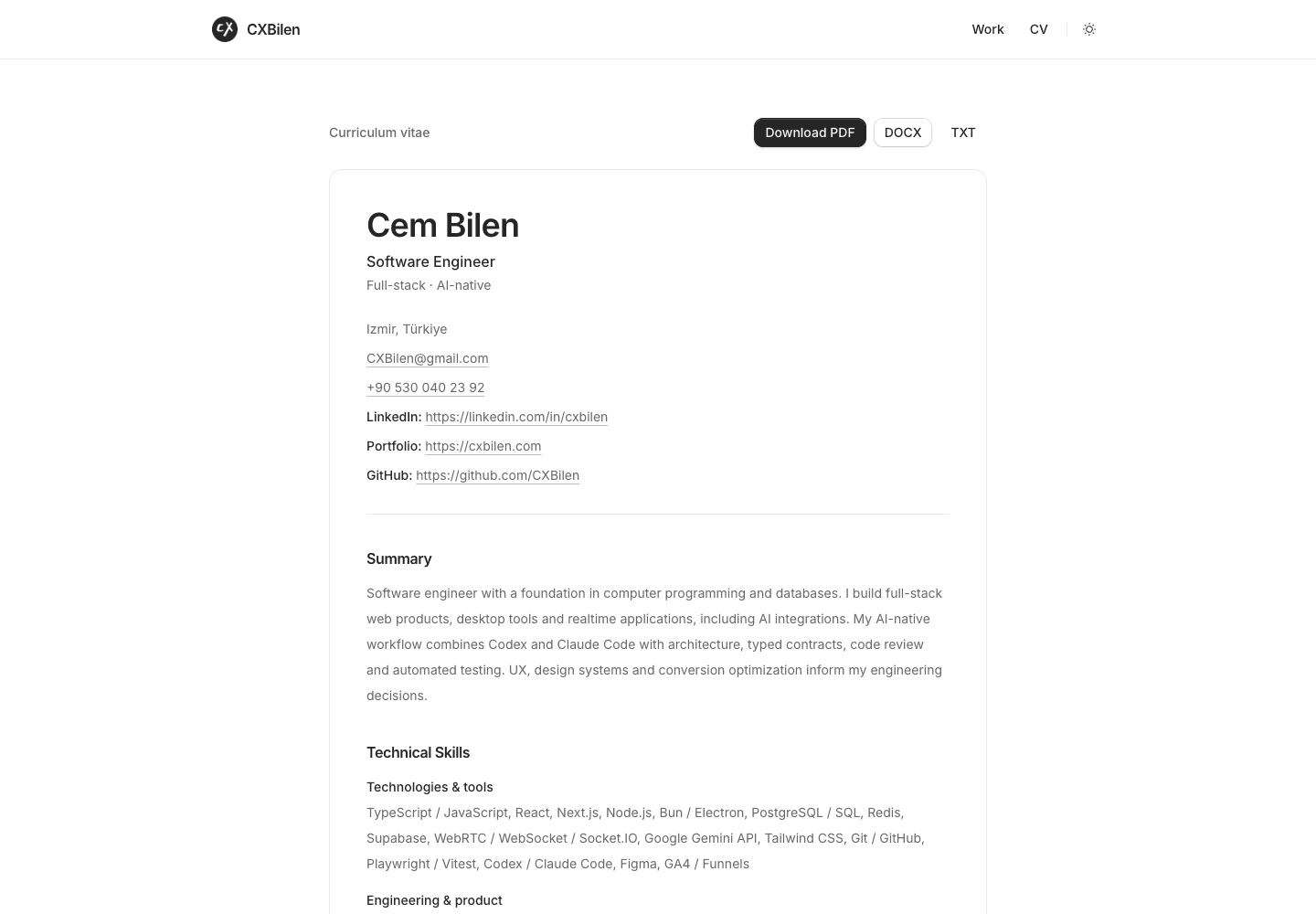 Web CV with the shared professional content and download options.