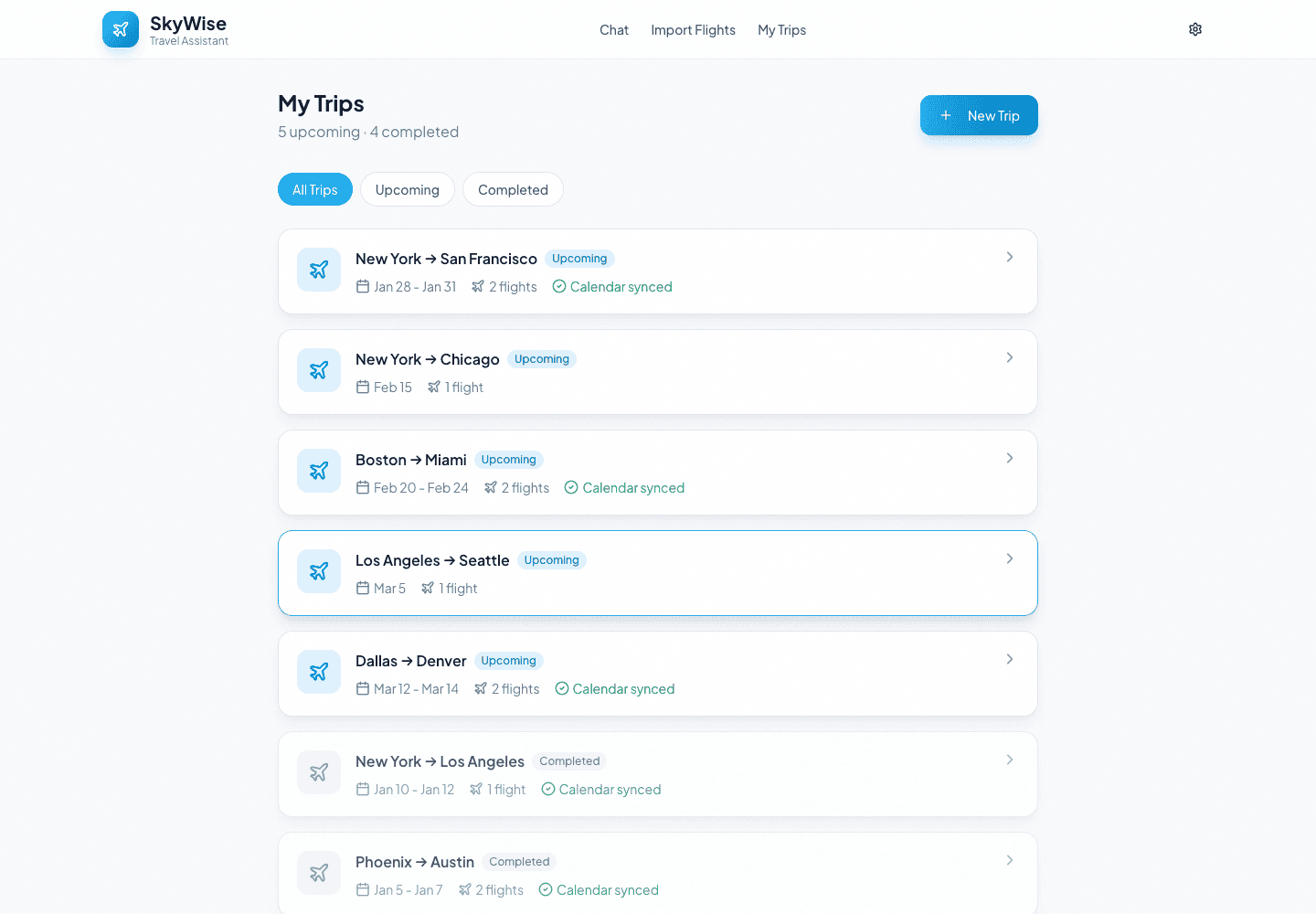 Trip management in the local application; sample trips and calendar states.